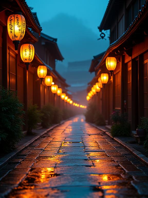 雨上がりの祇園、濡れた石畳に提灯の光が反射している