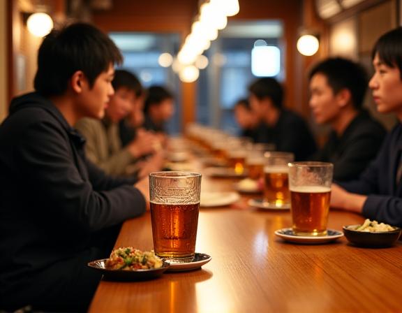 居酒屋のカウンターで楽しむ客